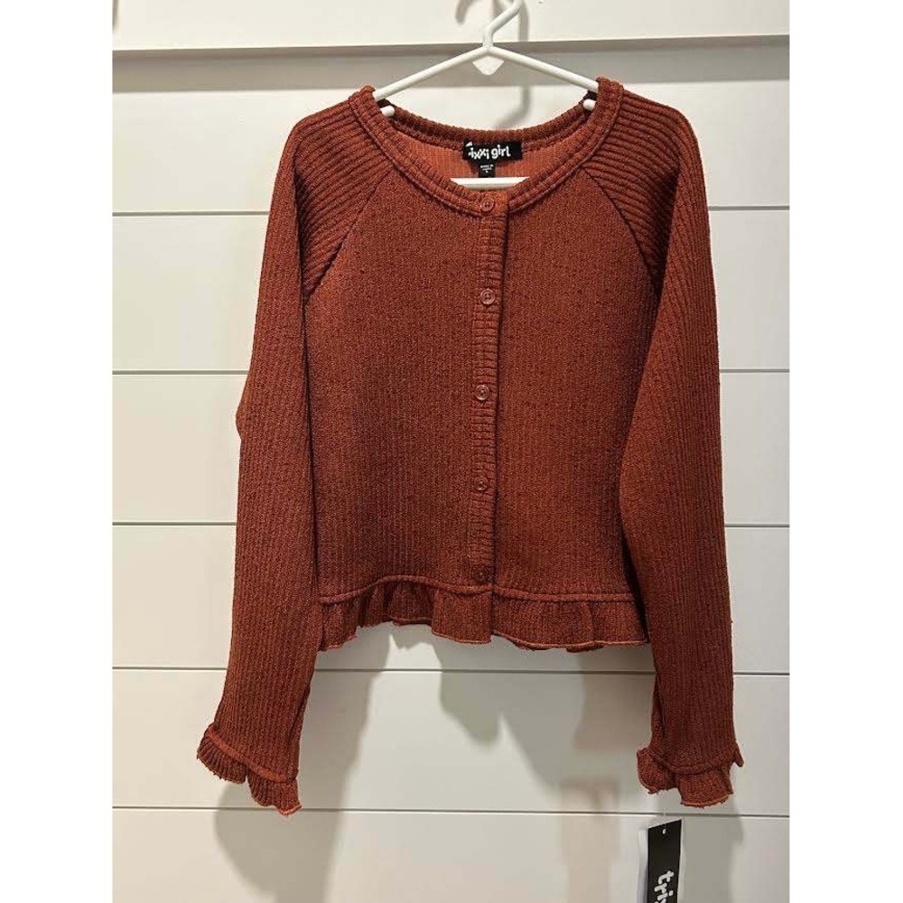 Trixxi Girl Kids Rust Orange Ribbed Ruffle Cardigan Sweater Size L Fam Photos